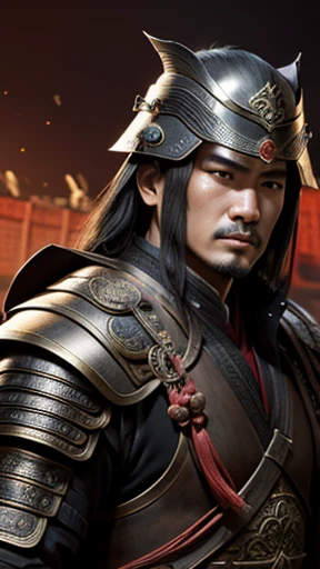 oriental、man in ancient chinese armor、Ancient Chinese man wearing a leather helmet、three kingdom、multiple warlords、highest quality、masterpiece、ultra high resolution、(realistic:1.4)、Game Posters、Clear and beautiful image quality、
