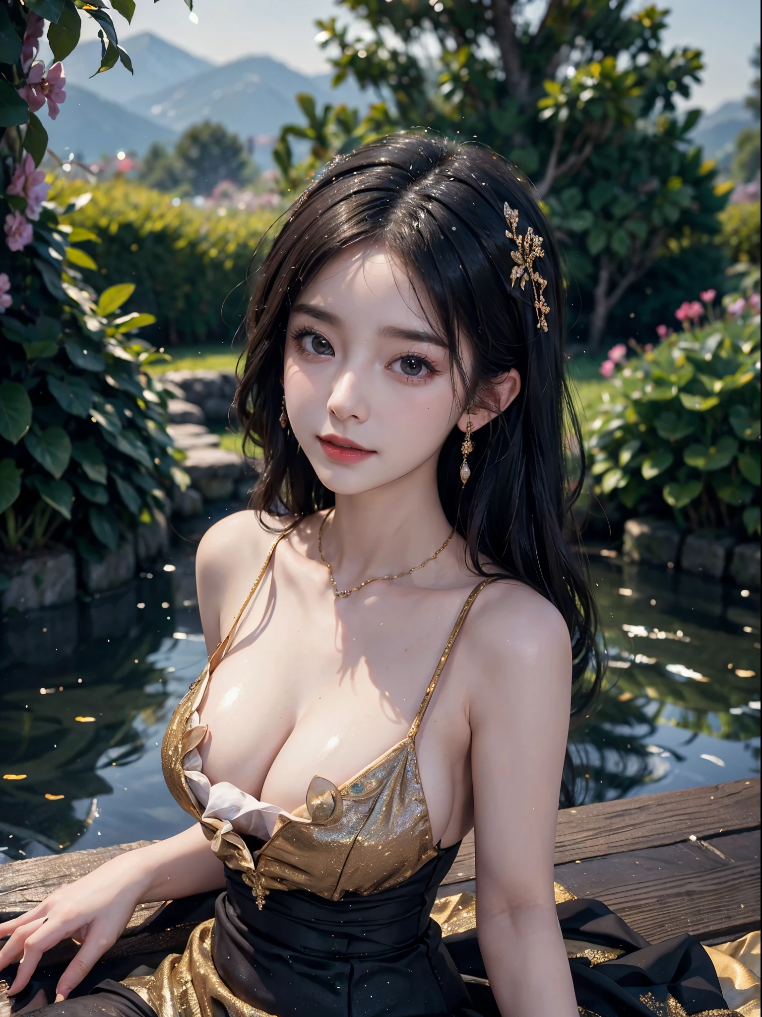 Glitter bead dress11, (top quality、8K、​Masterpiece:1.2)、(Photorealistic:1.2)、ultra high resolution、Stunning fine details、The facial details are particularly rich、The details of the eyes are super delicate、(Realism:1.3)、A very beautiful lady with real facial proportions、solo、huge tits:1.1、cleavage、slime、a short bob、hot springs:1.3、cosmetic:0.4、(lip gloss、depth of field、Caustics、natural shadow)、(Bokeh DOF:1.3)、Staring at the audience with goddess-like tranquility and happiness