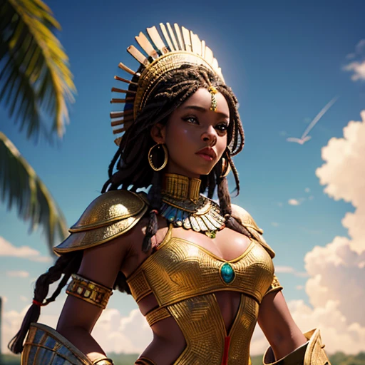 Rainha Africana, rasta comprida, rosto lindo, mamas grandes, armadura, corpo inteiro, corpo perfeito, vestido branco