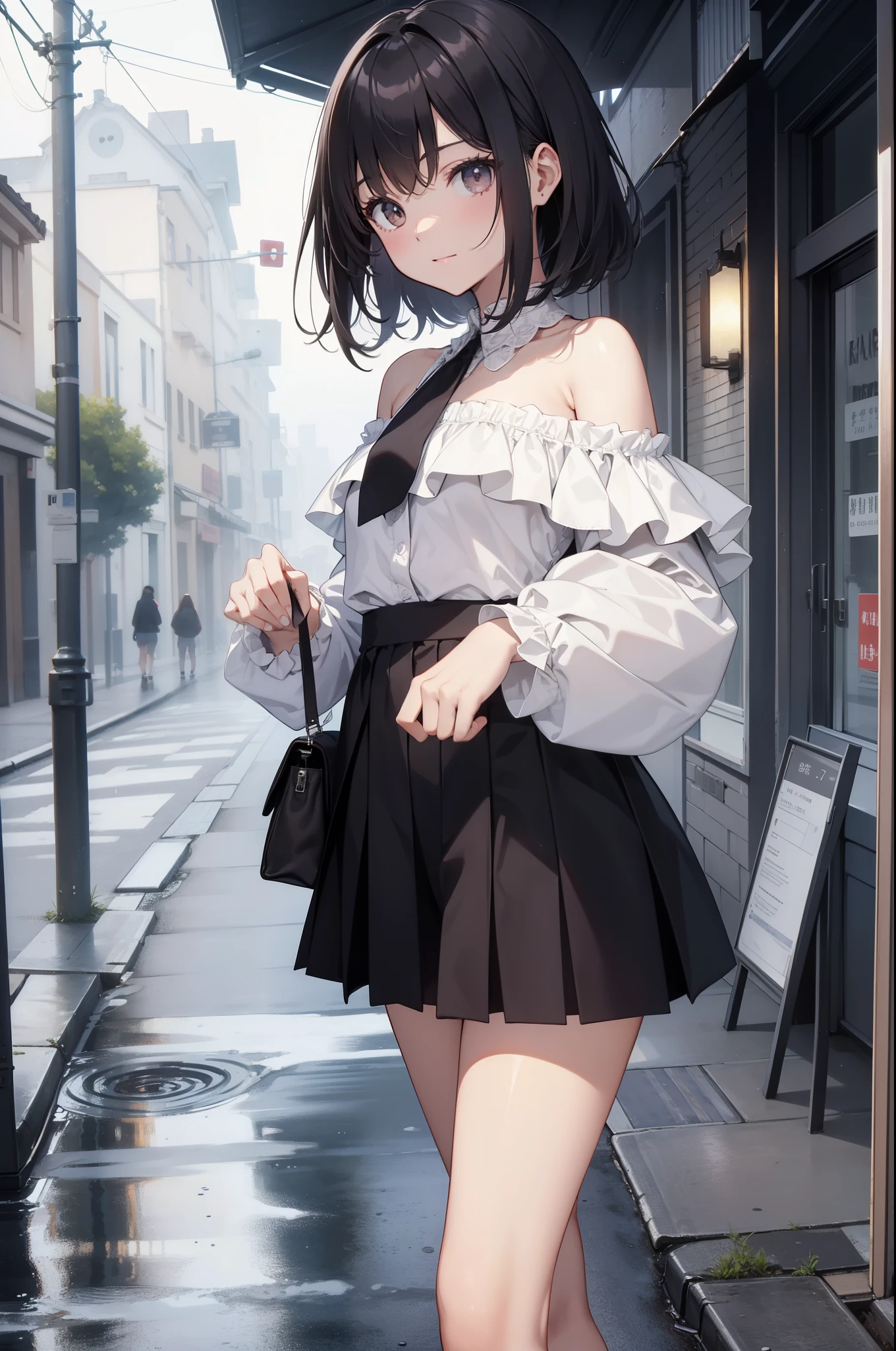 masterpiece, quality, ultra high definition, highest resolution, Very detailed, professional lighting, gray light lighting、low angle from below、(Street view of the old city in 1980)、blow steam over the landscape、fog in landscape、it's foggy、beautiful女人, a small face、white skinned、a very cute one、17 years old、bright smile、(black hair、childish、Round short)、(Off-shoulder white blouse、Ruffled miniskirt,student shoes)、Slender and long beautiful hip line、beautiful脊椎、Contract your back、toned waist、black underwear、JK black skirt 、tight pleated skirt、Hip line emphasizes dark brown eyes,Face a little red, beautiful、It's A cup、perfect hands、