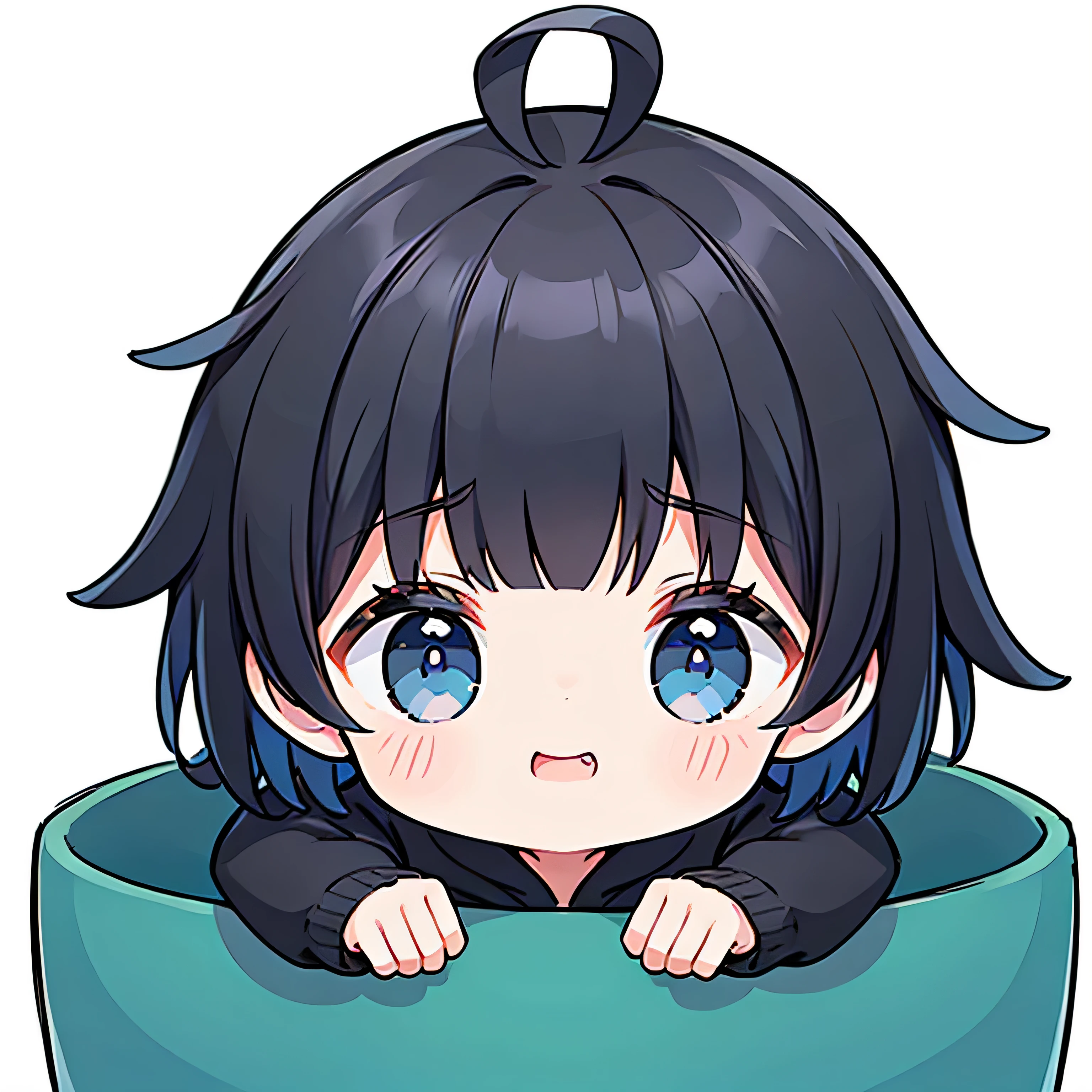 Super high resolution, best aesthetics, Highest quality depiction of feet, flat avatar, boyのアニメビジュアル, cute art style, Little, short hair, Ahoge, laughter, Draw on ○○, simple background, side lock, large oval eyes,best quality,illustration, wall paper, ultra detail, boy,solo,beautiful detailed eyes,Very thick contour lines、Medium Short-Cut Hair, black hair,Angle from which you can see the whole body,blue eyes,black hoodie,double teeth,white background,long pants