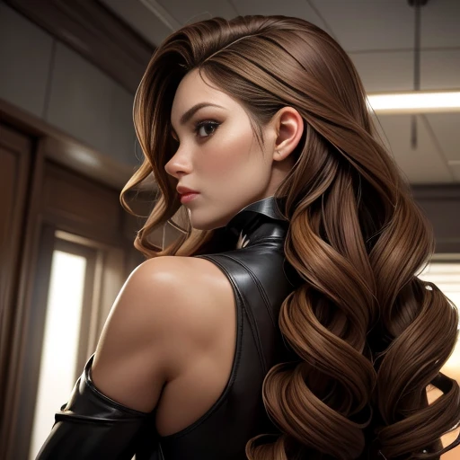 ((Masterpiece)), ((Best quality)), ((pov, from behind):1.6),a woman, 30 years old, (female beauty), ((Perfect Skin)), her skin is fair and tanned, with a healthy appearance, ((Perfect Skin): 1, 2), (Perfect_face), (face and eye proportions in harmony), (perfect_face:1.4), ((Long curly hair, light brown hair): 1.4), shows the bust, perfect skin, perfect face , ((Seduction_Appearance)), Mysterious appearance, frightening and inviting at the same time, ((Seductive appearance): 1.0).  Her name is Vendetta, a former government agent, genetically created to be a secret agent skilled in all espionage strategies, decided to rebel and now persecutes her creators.
