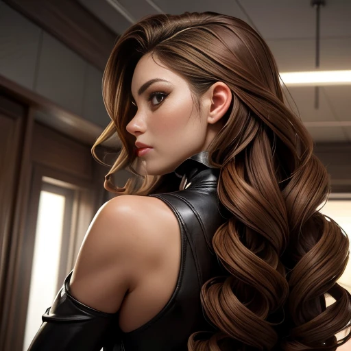 ((Masterpiece)), ((Best quality)), ((pov, from behind):1.6),a woman, 30 years old, (female beauty), ((Perfect Skin)), her skin is fair and tanned, with a healthy appearance, ((Perfect Skin): 1, 2), (Perfect_face), (face and eye proportions in harmony), (perfect_face:1.4), ((Long curly hair, light brown hair): 1.4), shows the bust, perfect skin, perfect face , ((Seduction_Appearance)), Mysterious appearance, frightening and inviting at the same time, ((Seductive appearance): 1.0). Her name is Vendetta, a former government agent, genetically created to be a secret agent skilled in all espionage strategies, decided to rebel and now persecutes her creators.