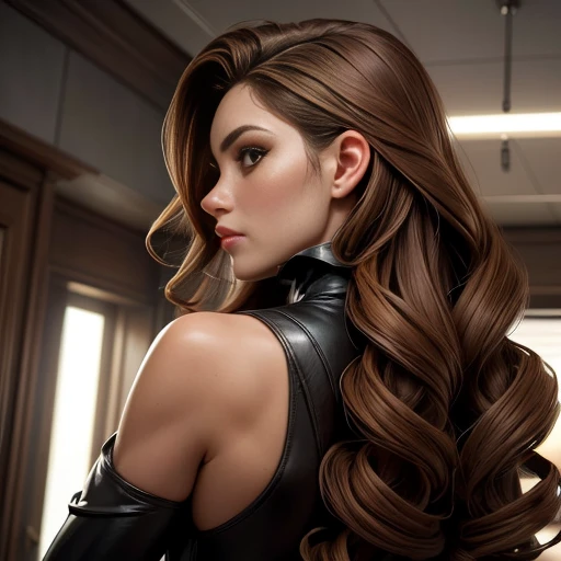 ((Masterpiece)), ((Best quality)), ((pov, from behind):1.6),a woman, 30 years old, (female beauty), ((Perfect Skin)), her skin is fair and tanned, with a healthy appearance, ((Perfect Skin): 1, 2), (Perfect_face), (face and eye proportions in harmony), (perfect_face:1.4), ((Long curly hair, light brown hair): 1.4), shows the bust, perfect skin, perfect face , ((Seduction_Appearance)), Mysterious appearance, frightening and inviting at the same time, ((Seductive appearance): 1.0). Her name is Vendetta, a former government agent, genetically created to be a secret agent skilled in all espionage strategies, decided to rebel and now persecutes her creators.