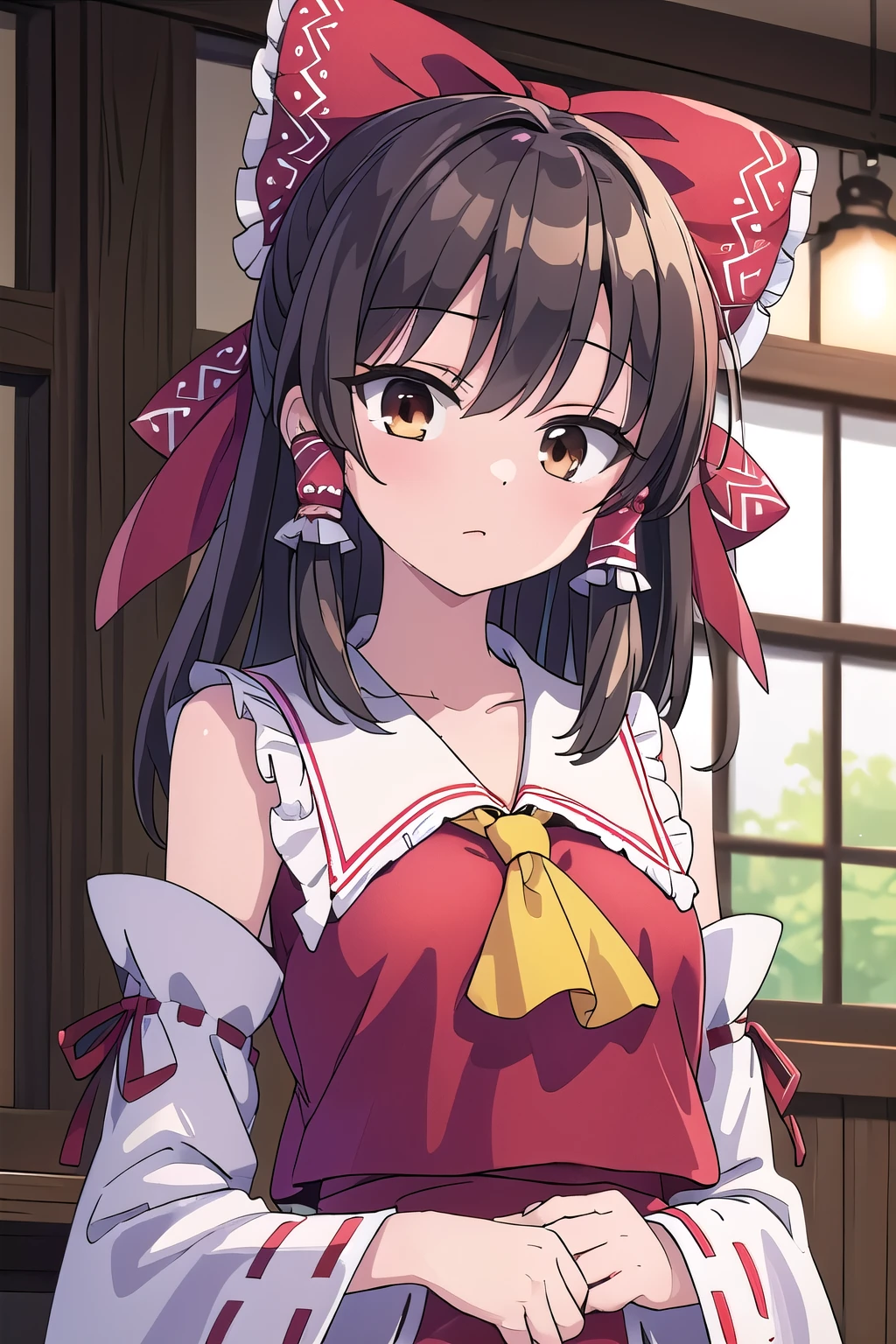 detailed background, masterpiece, best quality, 1girl, hakurei reimu, brown hair, hair tubes, hair ribbon, brown eyes, touhou project,