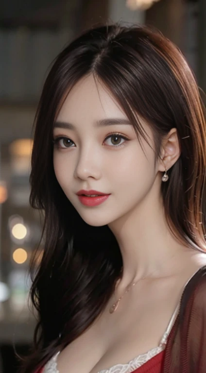 Wearing only one long red shirt、(Deep cleavage:1.1)、small tits、top-quality、​masterpiece、illustratio、extremely delicate and beautiful、ighly detailed、nffsw、Unity、8k wallpaper、astonishing、finely detail、Highly detailed ticker Unity 8K wallpapers、huge filesize、ighly detailed、hight resolution、Handsome detail woman、extremely detailed eye and face、Great detailed eyeacial light、 (Best Illustration:1.1)、(Best Shadow:1.1)、超A high resolution、(photoRealstic:1.1)、(photoRealstic:1.2:1.1)、Realistic facial proportions、A slender、A smile、(makeups:0.4)、(fluffy black eyes:1.21)、Black eyes、see the beholder、dark brown hair、耳环、a necklace、hair pin、cowboy  shot、(Irregular irregular skin defects、vein、Wrinkled pores on the skin:1.2)、(Dark night background:1.2)、(bokeh dof:1.4)、Laughing、