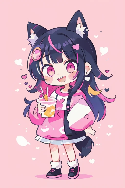 1girl,solo,jewelry,ring,colorful,multicolored hair,multicolored eyes,open mouth,pink eyes,hair ornament,black hair,pink hair,earrings,heart,bangs,looking at viewer,teeth,food,animal ears,sticker,