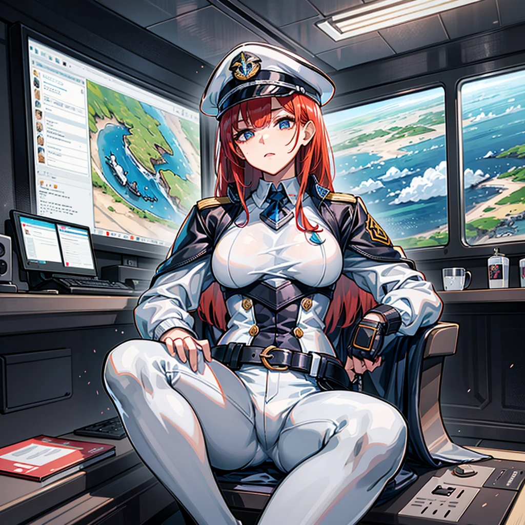 (((masterpiece、Highest image quality、highest quality、highly detailed unity 8kwallpaper)))、(Illustration of one woman、Beauty、30 years old)、(Viceroy)、((Red-haired shorthair、sidelocks、blue eyes))、((tall、stocky build, thickset physique, muscular legs, broad shoulders, solid chest))、((Military uniforms、Military Cap、Military coat))、(white clothes、White pants、white hat)、trench coat、(((manspreading、Sitting in the captain's seat)))、(((Inside a futuristic spaceship、Surrounded by instruments and monitors、The Universe on the Monitor、Earth seen from space)))