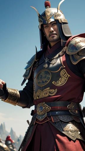 oriental、man in ancient chinese armor、Ancient Chinese man wearing a leather helmet、three kingdom、multiple warlords、highest quality、masterpiece、ultra high resolution、(realistic:1.4)、Game Posters、Clear and beautiful image quality、