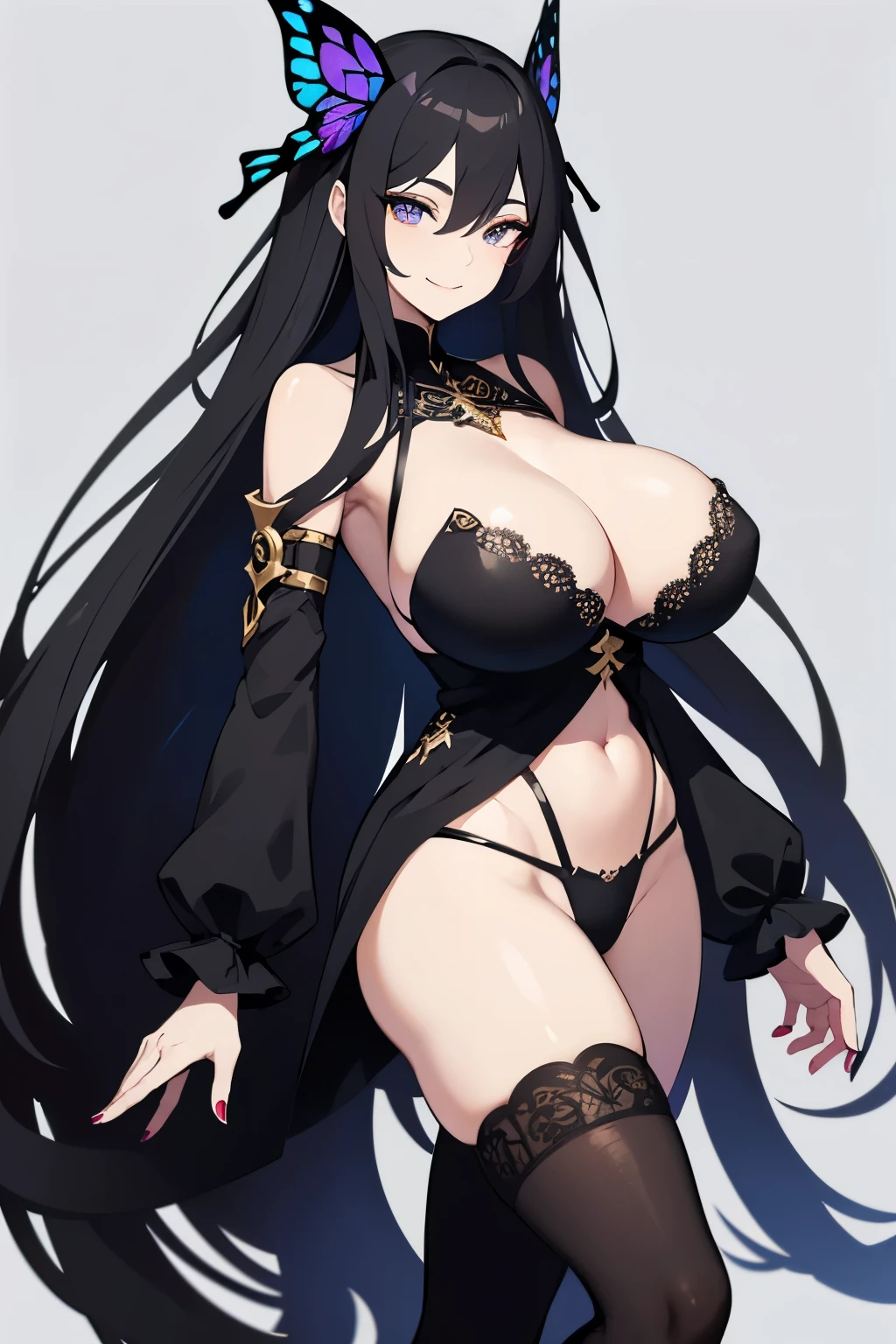 animated, full body, best detailed girl, Perfect female body, female, mature, very long hair, detailed black hair, super fucking beautiful, seductive smile, beautiful detailed deep eyes, nail polish, huge breasts, black eyes, pale skin, Butterfly with body, open tuck, summer long skirt, Black markings print cloth, black Clothes, white background, Noise and grain, best quality, extremely detailedmasterpiece, detailed and intricate,