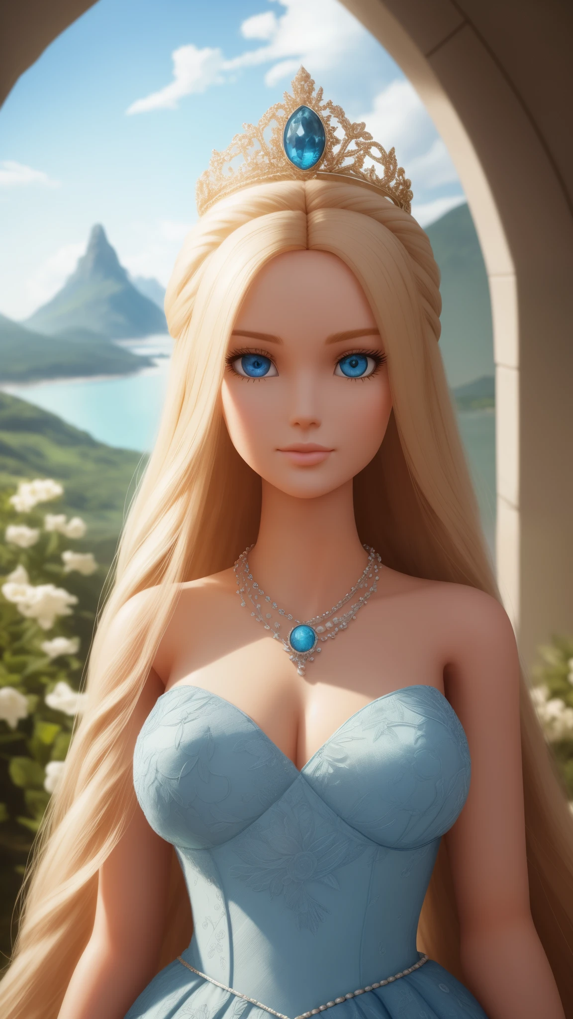 blond (Barbie) princess (doll), Delicate detailed face, animated, detailed white skin texture, long golden hair, adorable, Clean, wide smile, glowing blue eyes, blue colored pupil, (silky pink dress), luxurious tiara, gloss, fresh flowers, (landscape), (ocean), mountains, pine forest, centered golden frame, center, necklaces, pearls, Disney style, high resolution, official art, unreal-engine, high dynamic range, OctaneRender, (render), cinema4d, sun ray, porcelaine, looking at viewer, depth of field, from below, masterpiece, 8K, best quality, anatomically correct, close view,