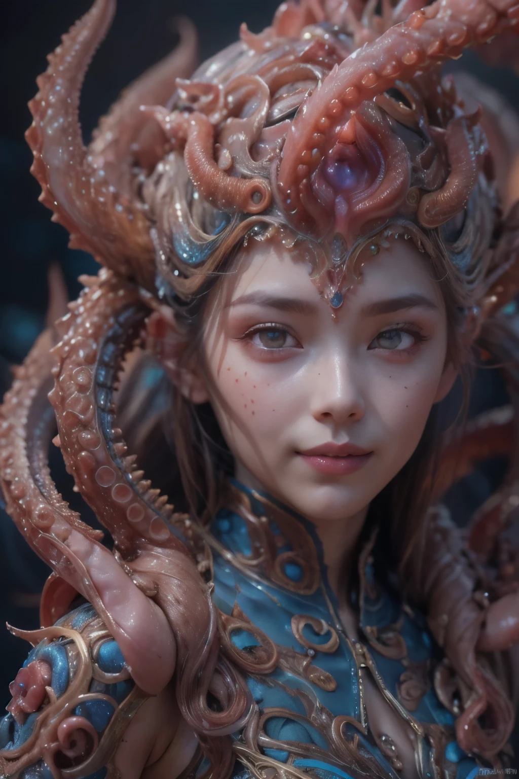 scary and sexy detailed art in color, Portrait, (beautiful and obscene female alien:1.4), (vulgarity1.5), (she has red eyes with no pupils:1.8), (Translucent skin:1.7), ((There is a female genital-like organ in the middle of the forehead:1.9)), (The most beautiful face in the history of the universe:1.2),an evil gaze that seduces, (large mouth:1.1), (sharp teeth like a vampire:1.2), Full body portrait, (bio luminescent:1.5), (Smile wickedly:1.3), (sexypose:1.5), incredibly beautiful alien, (she has unparalleled beauty:1.5), No humans, cells are fused, (Lots of translucent tentacles:1.3) extraterrestrial, cell, bio image, best quality, 8K,In 4K_quality, High freshness, Dramatic Lighting, masutepiece:1.5,cinematic quality, detail up, (exquisite details:1.2), high resolution, High freshness, drawing faithfully, (Thick eyebrows:1.2), Beautiful eyes with fine symmetry,(Highly detailed face and eyes:1.2), Intimate face, (Super detailed skin quality feeling:1.4), perfect anatomy, (Beautiful toned body:1.5), (Moist skin:1.2), not wearing makeup, (dark circles:1.1), long canines, cinematic drawing of characters, ultra high quality model, cinematic quality, detail up, (exquisite details:1.2), high resolution, High freshness, drawing faithfully, official art, Unity 8K Wall , 8K Portrait, best quality, Very high resolution, ultra detailed artistic photography, midnight aura, unreal engine 5, Ultra Sharp Focus, art by Amano Yoshitaka, ArtGerm, Roisch, intricate artwork, best quality, masterpiece, ultra high resolution, (photos realistic:1.4), ultra realistic realism, dream-like, nautilus, Creation of fantasy, Snail, Dream Snail, (biopunk nautilus:1.3),Thrilling color schemes, ultra realistic realism, seductively smiling, (white tentacles with blue stripes:1.4), subtle emerald accents, (expression of ecstasy:1.6)