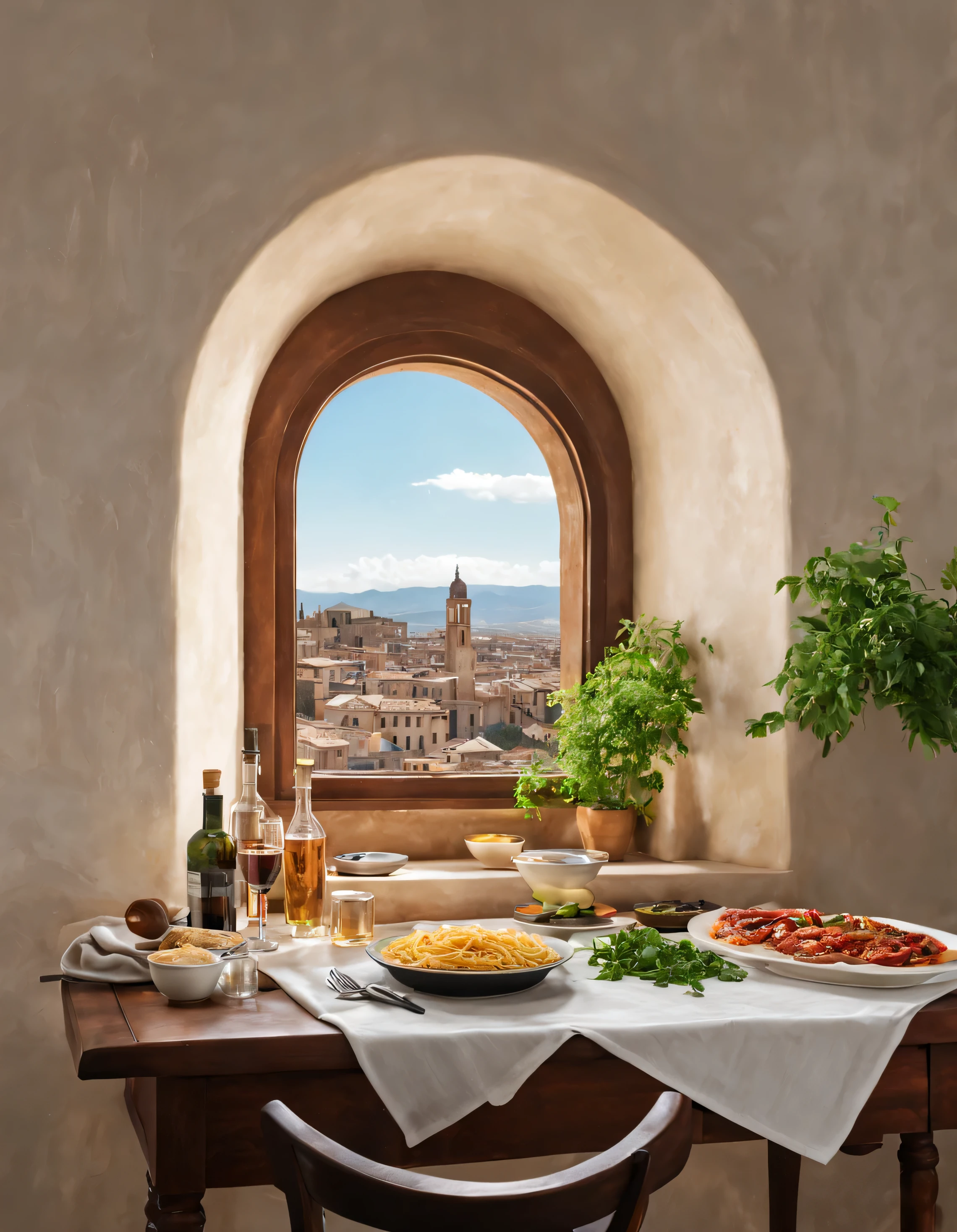 Warm colors,light background,Front view desktop,Tablecloth droops 20CM,rice tablecloth,Steaks on the table、pasta、salad、Condiment bottles,knife and fork、thyme spice、Basil powder,wine、黑胡椒Condiment bottles等食物,sunlight through window,The desktop has mottled light and shadow,牛排和pasta上有香料粉,The black pepper bottle is in the middle of the picture,Off-white wall behind the desk,Off-white arched window,There are white curtains on one side of the window,Inside the window is the architectural landscape of Sienna,There is sky,4K high-reality,high resolution