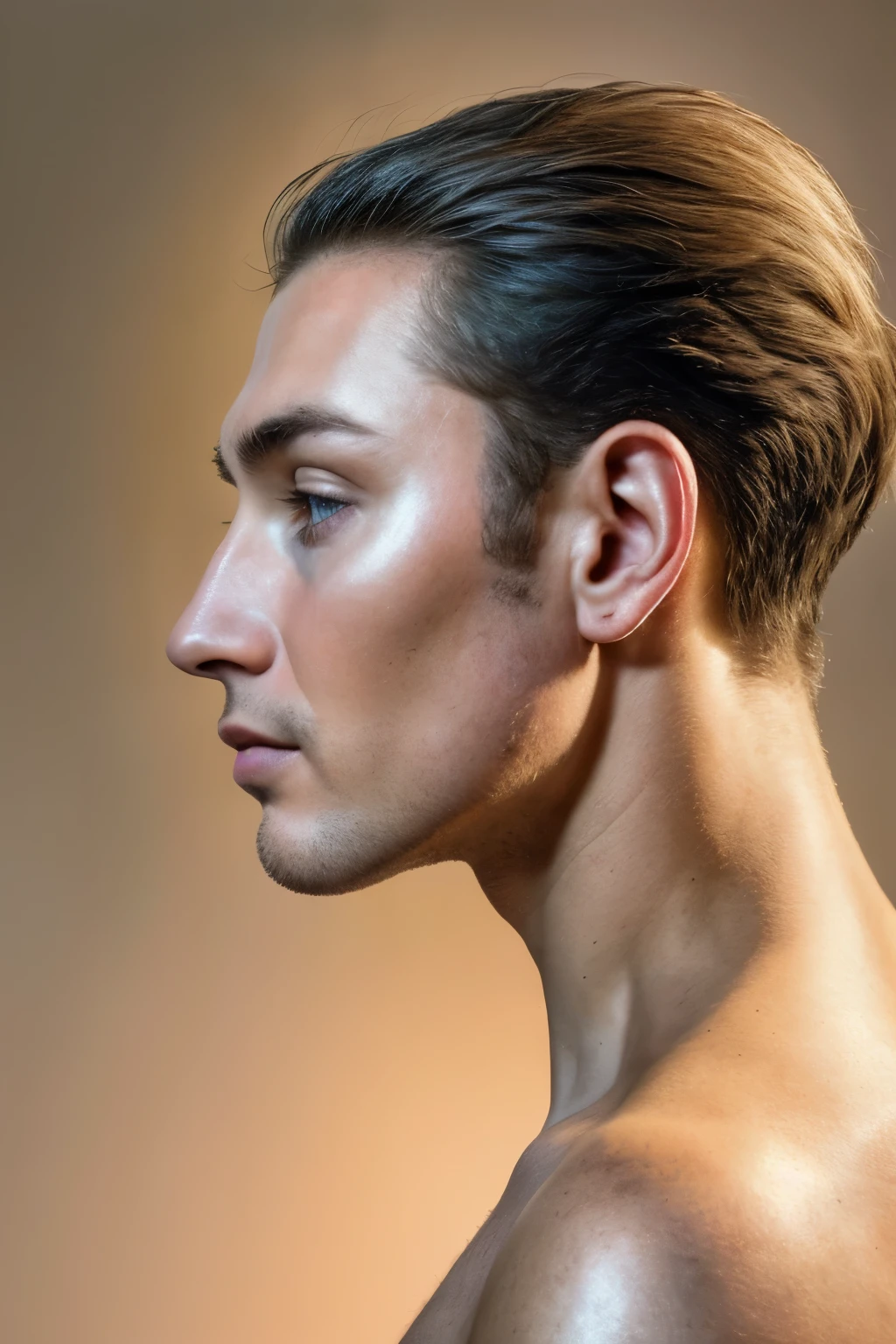 A detailed profile picture of a man with beautiful detailed eyes, defined jawline, and well-groomed facial hair, wearing a stylish suit and tie. The background is a sophisticated office setting with a modern glass window overlooking a city skyline. The lighting is soft and professional, casting a subtle shadow on one side of the man's face, emphasizing his features. The image should be of the best quality, with ultra-detailed and realistic rendering. The colors are muted and elegant, with a slight warm tone. [professional], [portrait], [sharp focus], [highres], [vivid colors], [studio lighting], [sophisticated attire], [urban background], [cityscape], [refined look].Man, profile pic