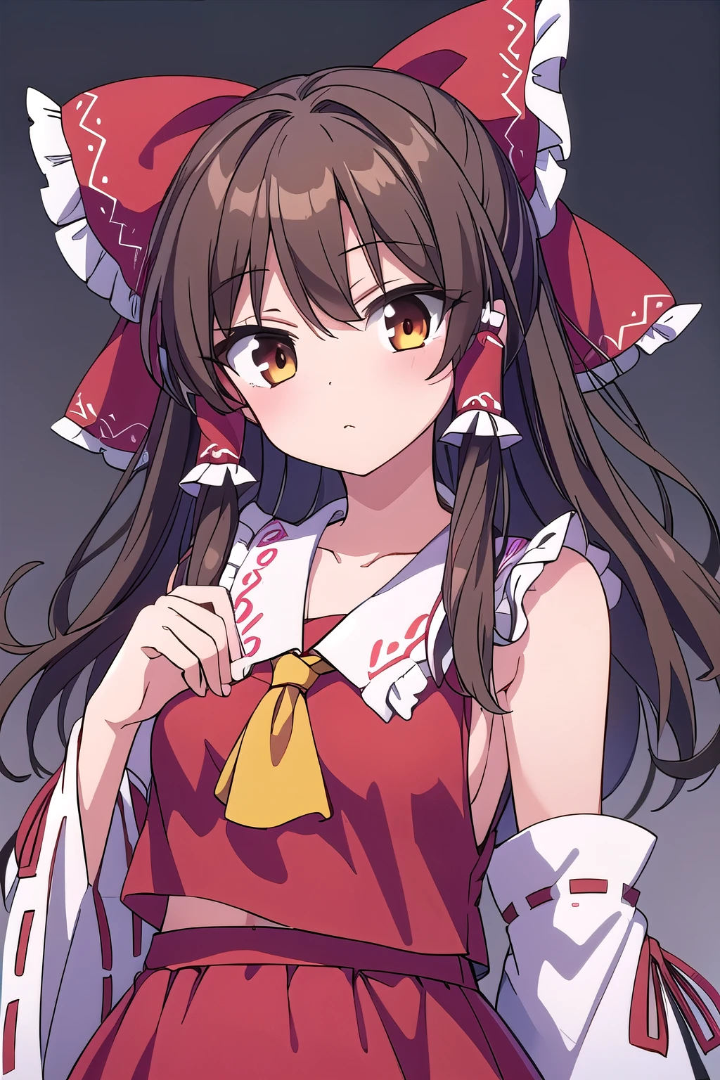 detailed background, masterpiece, best quality, 1girl, hakurei reimu, brown hair, hair tubes, hair ribbon, brown eyes, touhou project, 
