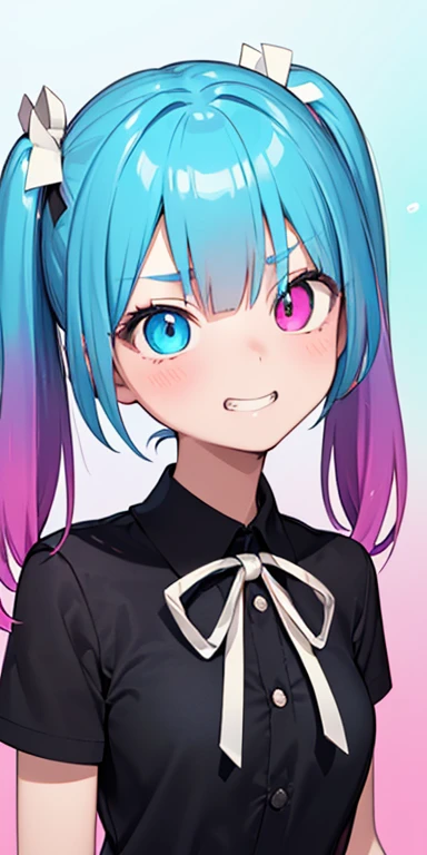 , (colorful fluorescence multicolored  hair:1.5,short twintails:1.5), (masterpiece, sidelights, exquisite beautiful eyes: 1.5), masterpieceportrait, realistic, {(Colorful splash background of different colors:1.5)},colorful,3D face,(cute face),front view: 1.6、 (glowing blue eyes),plump face:1.5,(tareme:1.5)、(evil grin:1.2),Rosy Mouth,Slim Body, shiny hair, shiny skin: 1.5、medium breasts,、solo,(stand)、(high school girl,school uniform)、(charactor focus:1.5、portlate:1.5、eye focus:1.5,upper body),(gradient eyes:1.5)