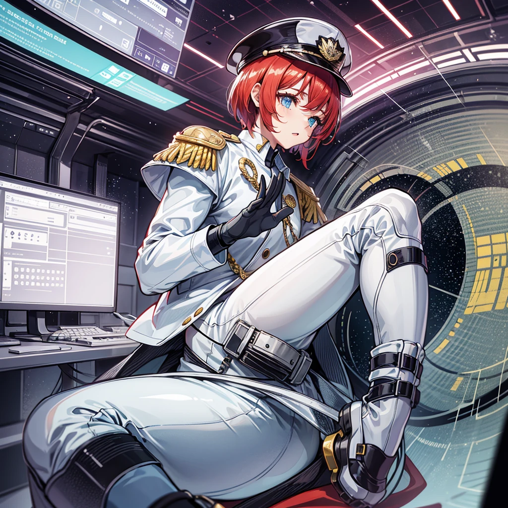 （（（masterpiece、Highest image quality、highest quality、highly detailed unity 8ｋwallpaper）））、（Illustration of one woman、Beauty、30 years old）、（Viceroy）、（（Red-haired shorthair、sidelocks、blue eyes））、（（tall、stocky build, thickset physique, muscular legs, broad shoulders, solid chest））、（（Military uniforms、Military Cap、Military coat））、（white clothes、White pants、white hat）、trench coat、（（（manspreading、Sitting in the captain's seat）））、（（（Inside a futuristic spaceship、Surrounded by instruments and monitors、The Universe on the Monitor、Earth seen from space）））