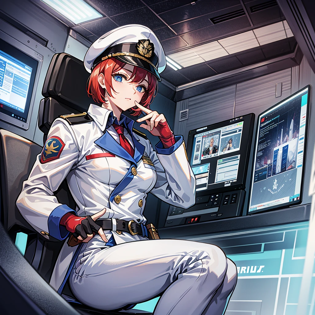 (((masterpiece、Highest image quality、highest quality、highly detailed unity 8kwallpaper)))、(Illustration of one woman、Beauty、30 years old)、(Viceroy)、((Red-haired shorthair、sidelocks、blue eyes))、((tall、stocky build, thickset physique, muscular legs, broad shoulders, solid chest))、((Military uniforms、Military Cap、Military coat))、(white clothes、White pants、white hat)、trench coat、(((manspreading、Sitting in the captain's seat)))、(((Inside a futuristic spaceship、Surrounded by instruments and monitors、The Universe on the Monitor、Earth seen from space)))