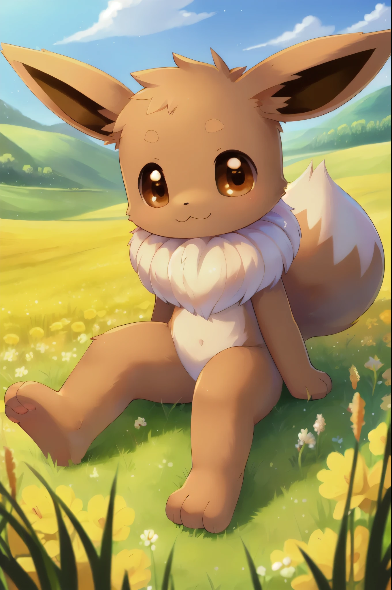 female, solo, pokemon (species), eeveelution, jolteon, multi colored fur, fluffy, hires, detailed, anime, kemono, dagasi, park, detailed background, beautiful detail, sparkles, pixiv, cute kawaii, pussy slit, nude, tits, nipples, lying, spread pussy,