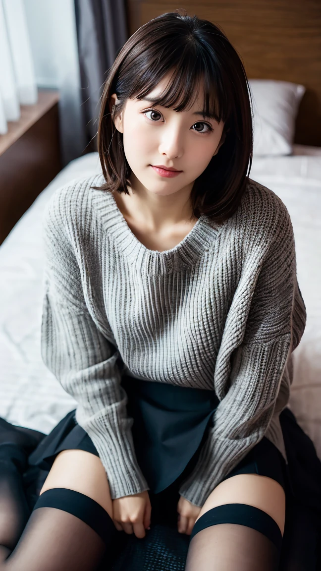 nsfw,upskirt,one woman,black mini skirt,dimgray sweater with open chest,spread legs,cute face,bob hair,black hair,peer in from below,on the bed,photorealistic,japanese