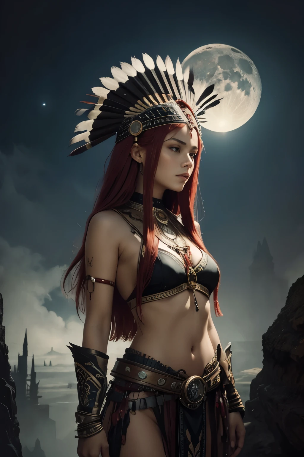 A beautiful red haired girl with a native American chief headdress. Luis Royo bookmark of surrealistic dreams, magic, watercolor, ink, acrylic, double exposure, futuristic, fantasy, great detail, mid-night, moon, fog, gothic gloom, art on a cracked paper, storybook detailed illustration, cinematic, ultra highly detailed, tiny details, beautiful details, mystical, luminism, vibrant colors