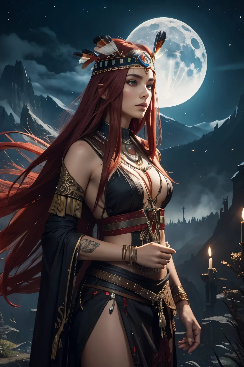 A beautiful red haired girl with a native American chief headdress. Luis Royo bookmark of surrealistic dreams, magic, watercolor, ink, acrylic, double exposure, futuristic, fantasy, great detail, mid-night, moon, fog, gothic gloom, art on a cracked paper, storybook detailed illustration, cinematic, ultra highly detailed, tiny details, beautiful details, mystical, luminism, vibrant colors