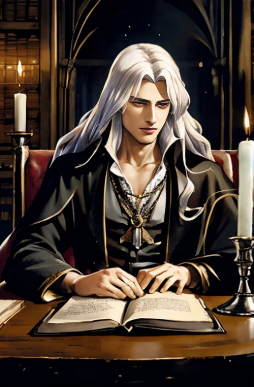 Alucard reading a book in the castle library with the sword at his waist and candles on the table white hair realistic black tunic 