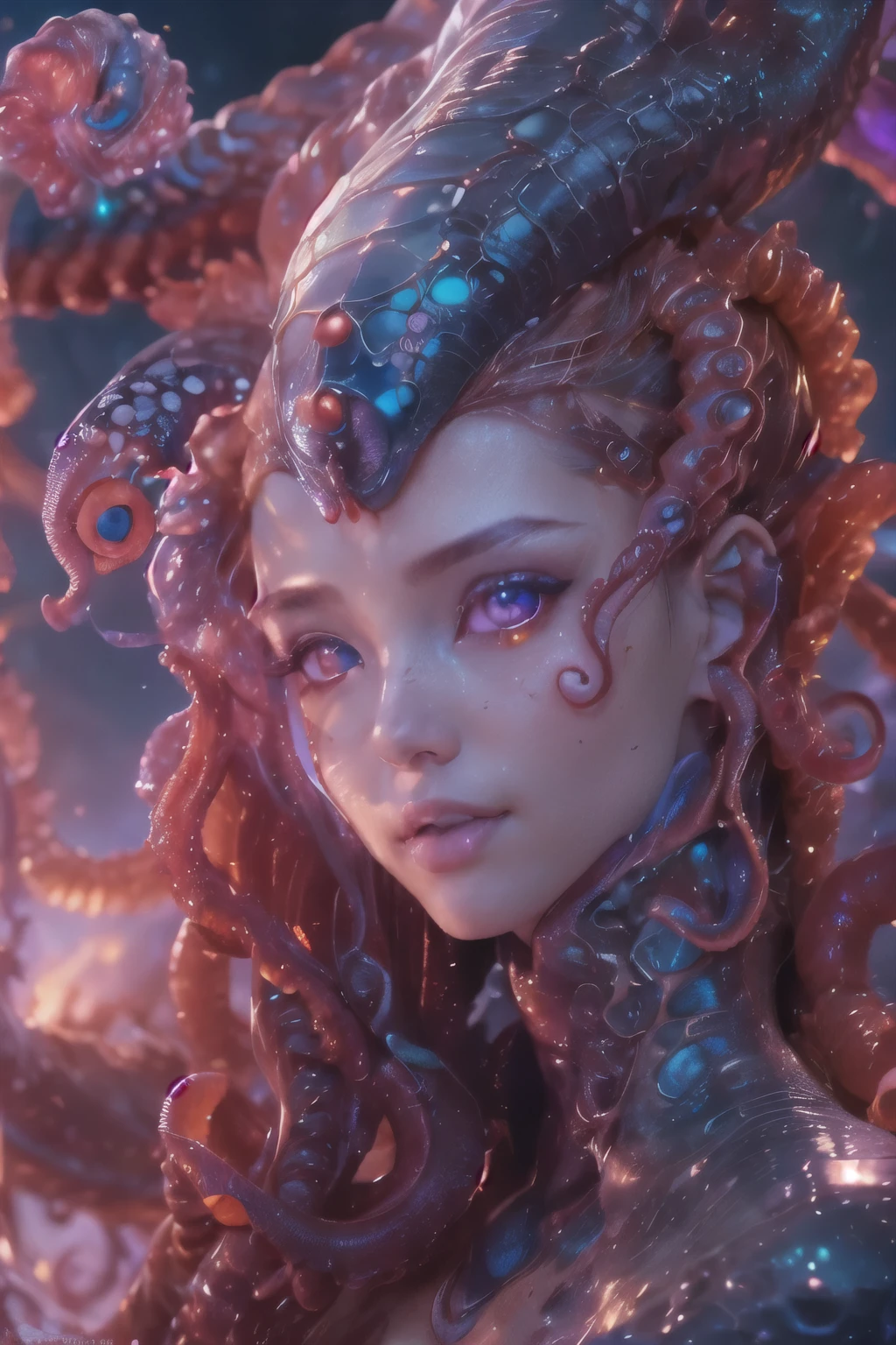 Portrait, (beautiful female alien:1.2), (she has red eyes with no pupils:1.8), (Translucent skin:1.7), (There is a female genital-like organ in the middle of the forehead..:1.9), (The most beautiful face in the history of the universe:1.2),an evil gaze that seduces, (large mouth:1.1), (sharp teeth like a vampire:1.2), Full body portrait, (bio luminescent:1.5), (Smile wickedly:1.3), (sexypose:1.5), alien, No humans, cells are fused, (Lots of translucent tentacles:1.3) extraterrestrial, cell, bio image, best quality, 8K,In 4K_quality, High freshness, Dramatic Lighting, masutepiece:1.5,cinematic quality, detail up, (exquisite details:1.2), high resolution, High freshness, drawing faithfully, (Thick eyebrows:1.2), Beautiful eyes with fine symmetry,(Highly detailed face and eyes:1.2), Intimate face, (Super detailed skin quality feeling:1.4), perfect anatomy, (Beautiful toned body:1.5), (Moist skin:1.2), not wearing makeup, (dark circles:1.1), long canines, cinematic drawing of characters, ultra high quality model, cinematic quality, detail up, (exquisite details:1.2), high resolution, High freshness, drawing faithfully, official art, Unity 8K Wall , 8K Portrait, best quality, Very high resolution, ultra detailed artistic photography, midnight aura, unreal enginee 5, Ultra Sharp Focus, art by alberto seveso, ArtGerm, Roisch, intricate artwork, best quality, masutepiece, ultra high resolution, (photos realistic:1.4), ultra realistic realism, dream-like, nautilus, Creation of fantasy, Snail, Dream Snail, biopunk nautilus, Thrilling color schemes, ultra realistic realism, seductively smiling, Blue tentacles,