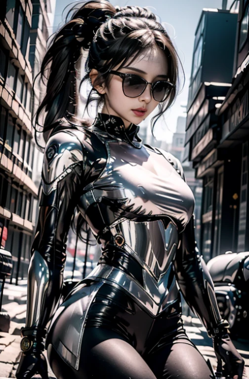 (a woman with a good figure,sexy:1.1,standing next to a motorcycle),tank top,ripped,low-waisted jeans[denim],leather jacket,beautiful detailed lips,piercing eyes,black stiletto heels,thigh-high boots,wind blowing her hair,wearing sunglasses[aviator],confident expression,smokey eye makeup,graffiti wall backdrop,urban street style,bright sunlight,high contrast lighting,vibrant colors 