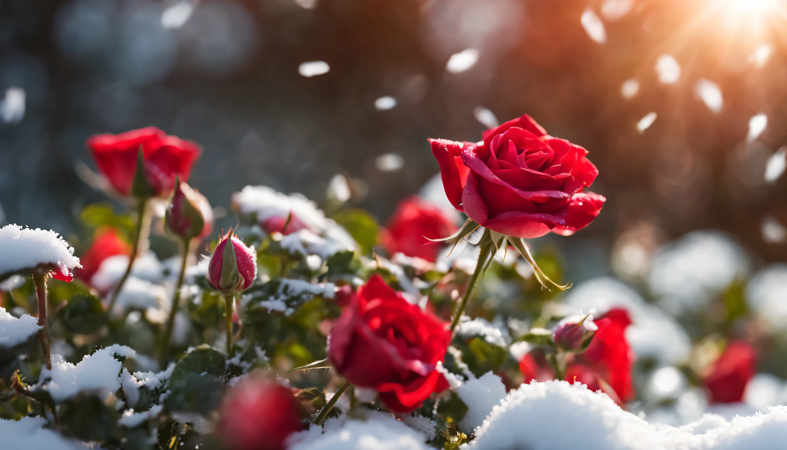 A red color rose flowers in the garden and sunlight with bokeh, snow drops on flower petalasterpiece, ultra quality, high resolution, 8k, intricate: 1.2), (masterpiece), (best quality:1)