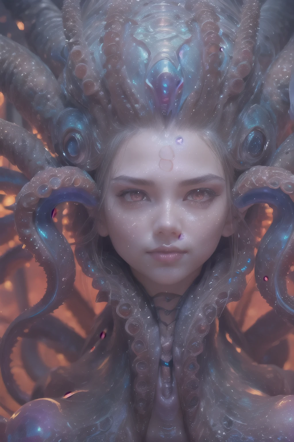 Portrait, (beautiful female alien:1.2), (she has red eyes with no pupils:1.8), (Translucent skin:1.7), (There is a female genital-like organ in the middle of the forehead..:1.9), (The most beautiful face in the history of the universe:1.2),an evil gaze that seduces, (large mouth:1.1), (sharp teeth like a vampire:1.2), Full body portrait, (bio luminescent:1.5), (Smile wickedly:1.3), (sexypose:1.5), alien, No humans, cells are fused, (Lots of translucent tentacles:1.3) extraterrestrial, cell, bio image, best quality, 8K,In 4K_quality, High freshness, Dramatic Lighting, masutepiece:1.5,cinematic quality, detail up, (exquisite details:1.2), high resolution, High freshness, drawing faithfully, (Thick eyebrows:1.2), Beautiful eyes with fine symmetry,(Highly detailed face and eyes:1.2), Intimate face, (Super detailed skin quality feeling:1.4), perfect anatomy, (Beautiful toned body:1.5), (Moist skin:1.2), not wearing makeup, (dark circles:1.1), long canines, cinematic drawing of characters, ultra high quality model, cinematic quality, detail up, (exquisite details:1.2), high resolution, High freshness, drawing faithfully, official art, Unity 8K Wall , 8K Portrait, best quality, Very high resolution, ultra detailed artistic photography, midnight aura, unreal enginee 5, Ultra Sharp Focus, art by alberto seveso, ArtGerm, Roisch, intricate artwork, best quality, masutepiece, ultra high resolution, (photos realistic:1.4), ultra realistic realism, dream-like, nautilus, Creation of fantasy, Snail, Dream Snail, biopunk nautilus, Thrilling color schemes, ultra realistic realism, seductively smiling, Blue tentacles,