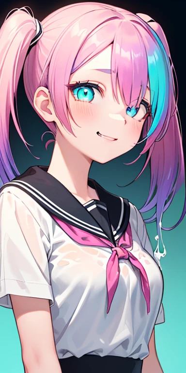 (8K、Highest image quality、highest quality、masterpiece)、detailed face、((one ))、silver hair、short twintails、gray eyes、evil smile、((grin))、small breasts、((serafuku))、short sleeve、((black miniskirt))、((pink panties pull))、((bent over:1.5))、cowboy shot、back alley background