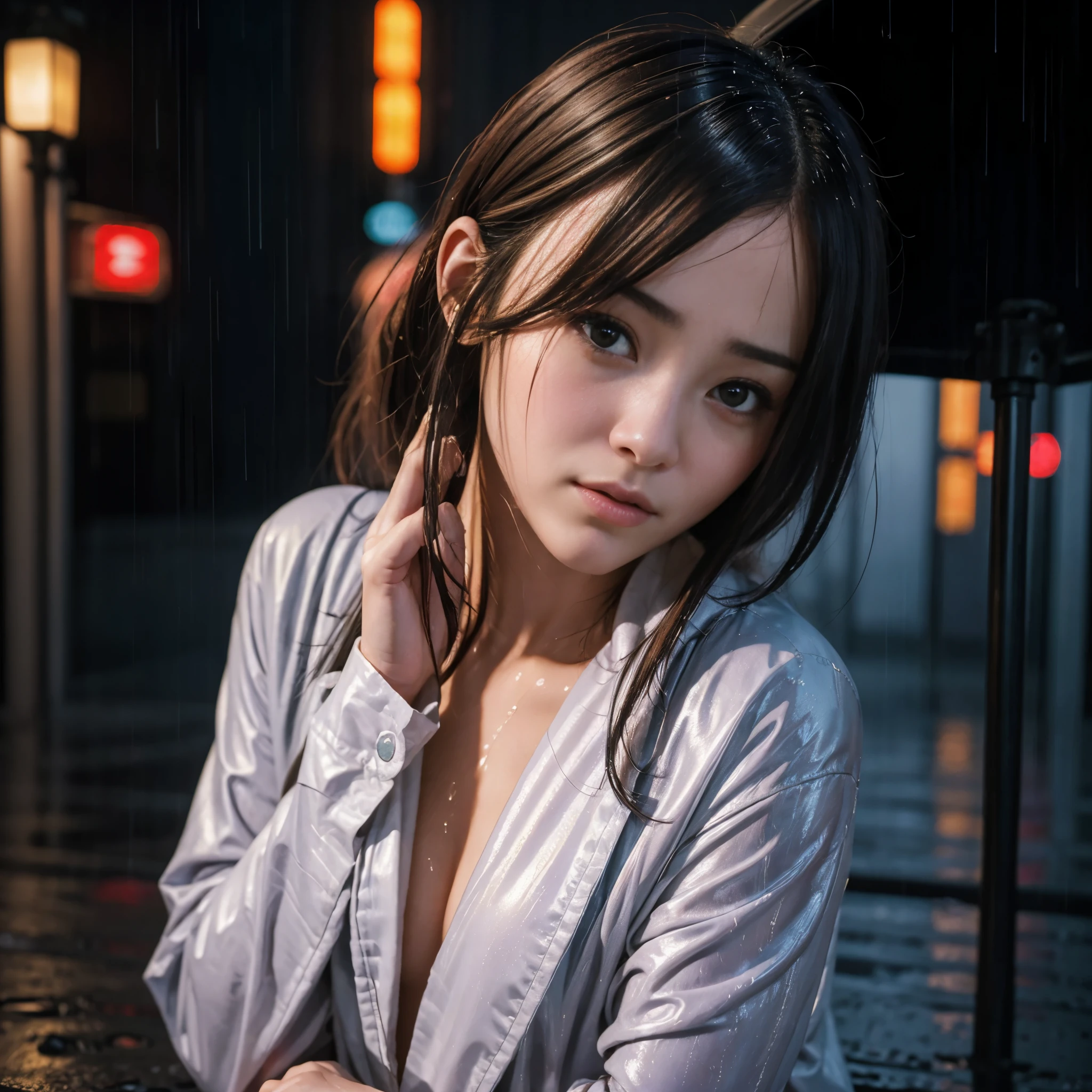 8K, RAW photo, highest quality, masterpiece:1.2),(realistic, photo-realistic:1.37),tokyo street,night, rain, Wet,cityscape,night, cyberpunk city,soft light,1 girl,, very beautiful face,Obtrusive bust,put down hands,random hairstyle,random hair color,random expression,pigsney