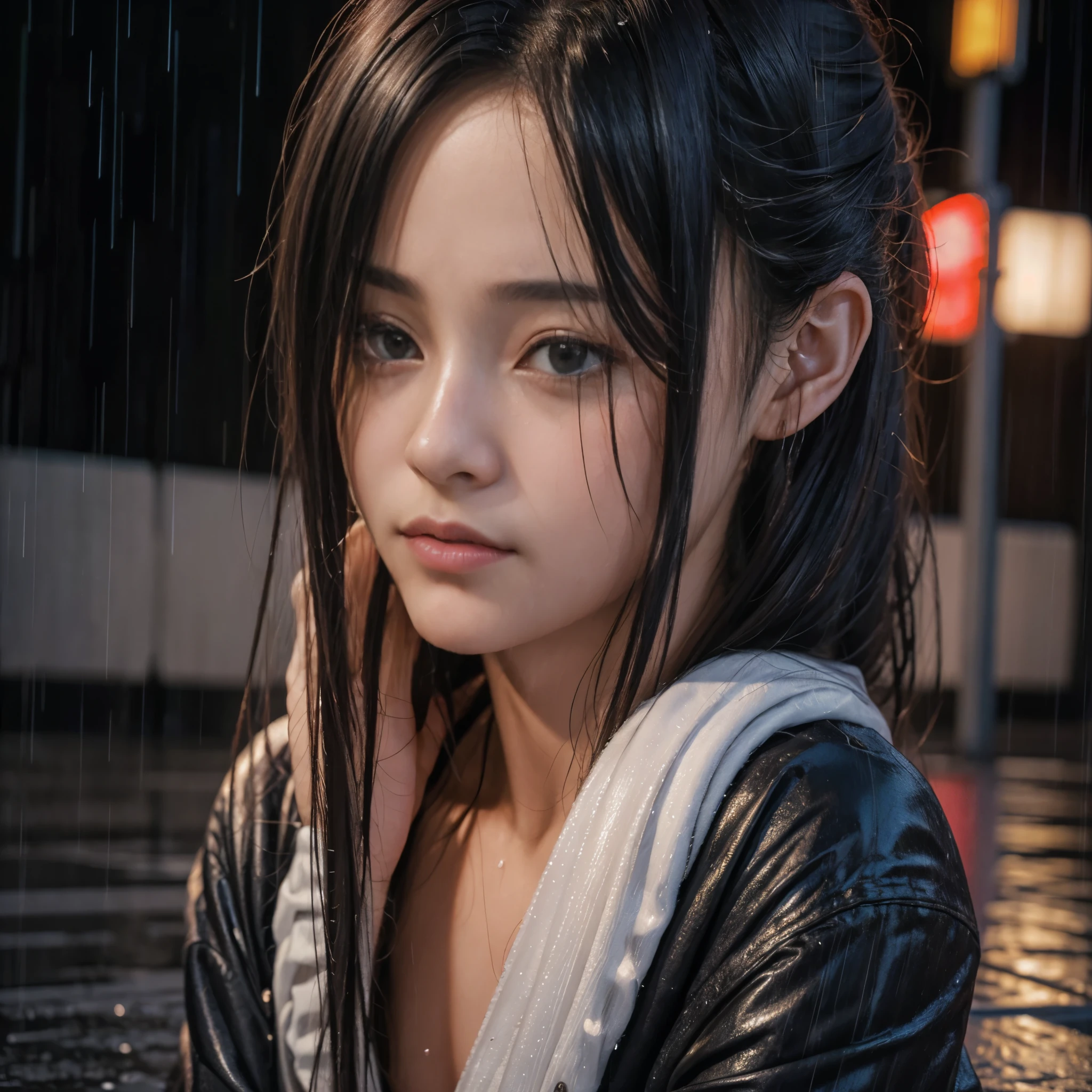 8K, RAW photo, highest quality, masterpiece:1.2),(realistic, photo-realistic:1.37),tokyo street,night, rain, Wet,cityscape,night, cyberpunk city,soft light,1 girl,, very beautiful face,Obtrusive bust,put down hands,random hairstyle,random hair color,random expression,pigsney