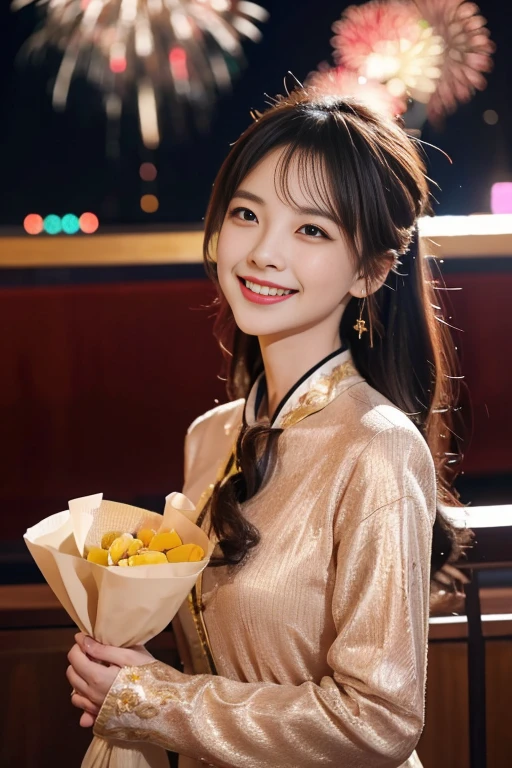 ## Recommended aspect ratio: 16:9
### Tags:
**quality label:** (masterpiece, HD, formal art:1.2)  
**Role/Hashtag:** crowd, Various clothing, red dress, diamond jewelry, (unique hairstyle:1.1)  
**environment/scene tag:** bright lights, Fireworks bloom, happy atmosphere, night street, high-rise buildings, bar sign, (colorful lights:1.2)  
**color label:** colorful, gold, wine red, blue, Purple, (Dazzling lights:1.1)  
**Emotion tags:** Cheerful, warm, ecstatic, party atmosphere, (Smiling all over:1.2)  
**composition tag:** bird&#39;s eye view, dynamic shots, crowd中的特写, lively moment, close to perspective  

## specific description:
On this glorious New Year&#39;s Eve，People wear all kinds of clothes，warm庆祝。一位穿着red dress的女士在璀璨的灯光中独具风采，头上戴着diamond jewelry，Unique and eye-catching hairstyle。街道上弥漫着Cheerful的氛围，Colorful fireworks bloom in the night sky，映照着high-rise buildingar sign闪烁着多彩的灯光，Adds festive colors to the night。整个画面充满了Smiling all over的crowd，构图动感而warm，It seems like this happy moment has been frozen。
