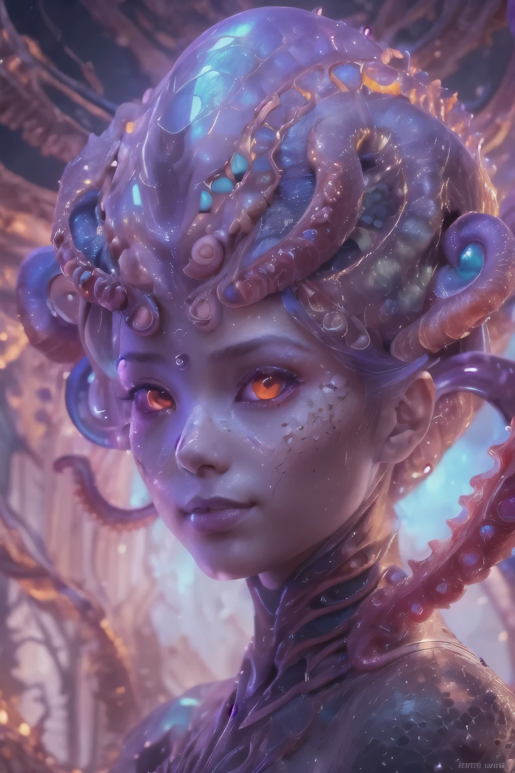 Portrait, (beautiful female alien:1.2), (she has red eyes with no pupils:1.8), (Translucent skin:1.7), (There is a female genital-like organ in the middle of the forehead..:1.9), (The most beautiful face in the history of the universe:1.2),an evil gaze that seduces, (large mouth:1.1), (sharp teeth like a vampire:1.2), Full body portrait, (bio luminescent:1.5), (Smile wickedly:1.3), (sexypose:1.5), alien, No humans, cells are fused, (Lots of translucent tentacles:1.3) extraterrestrial, cell, bio image, best quality, 8K,In 4K_quality, High freshness, Dramatic Lighting, masutepiece:1.5,cinematic quality, detail up, (exquisite details:1.2), high resolution, High freshness, drawing faithfully, (Thick eyebrows:1.2), Beautiful eyes with fine symmetry,(Highly detailed face and eyes:1.2), Intimate face, (Super detailed skin quality feeling:1.4), perfect anatomy, (Beautiful toned body:1.5), (Moist skin:1.2), not wearing makeup, (dark circles:1.1), long canines, cinematic drawing of characters, ultra high quality model, cinematic quality, detail up, (exquisite details:1.2), high resolution, High freshness, drawing faithfully, official art, Unity 8K Wall , 8K Portrait, best quality, Very high resolution, ultra detailed artistic photography, midnight aura, unreal enginee 5, Ultra Sharp Focus, art by alberto seveso, ArtGerm, Roisch, intricate artwork, best quality, masutepiece, ultra high resolution, (photos realistic:1.4), ultra realistic realism, dream-like, nautilus, Creation of fantasy, Snail, Dream Snail, biopunk nautilus, Thrilling color schemes, ultra realistic realism, seductively smiling, Blue tentacles,