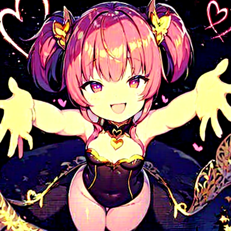 Succubus pose of temptation erotic body cute face fascinating face pose with arms outstretched heart mark slight smile pink hair eyes are hearts 4-arm charm magic Angle from above