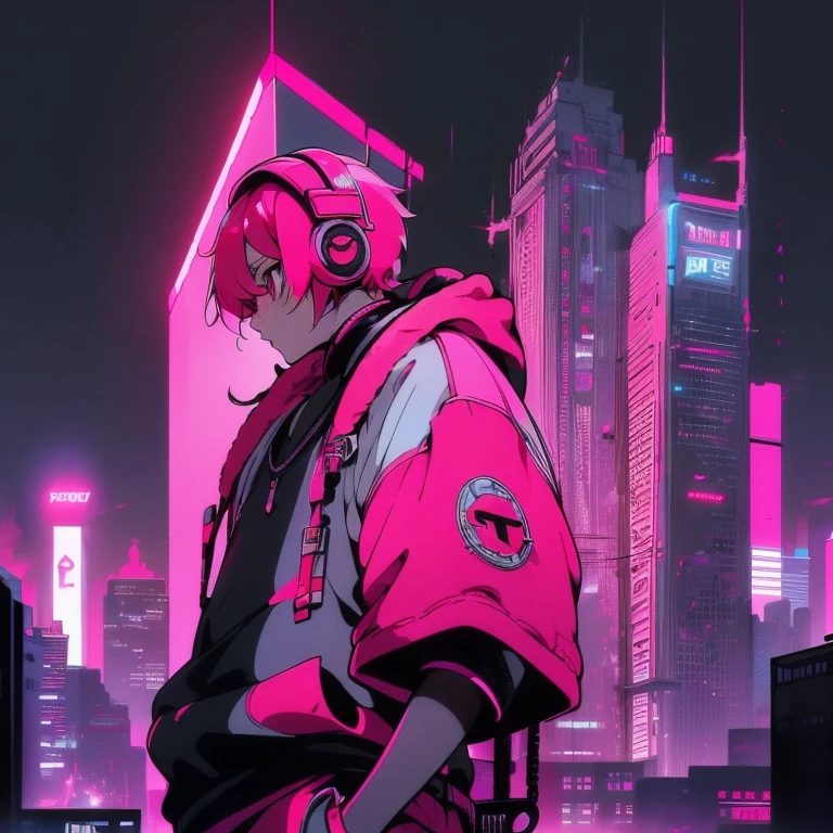 (shortcut), (two block hair), (bright pink hair), (male character), (red eyes), (cool pose), (top quality), (masterpiece), (Super detailed), (oversized hoodie), (Street style), (neon), (modern city), (neonデイライト), (cinematic), (stylish), (High resolution), (hyper-detailed), (Looking at the camera), (soft town), (Nightcore), (a handsome guy), (listening to music with headphones), (natural appearance of the building), (casual), (IG studio anime style), (standing pose), (camera from low angle), (Multifaceted camera angles),