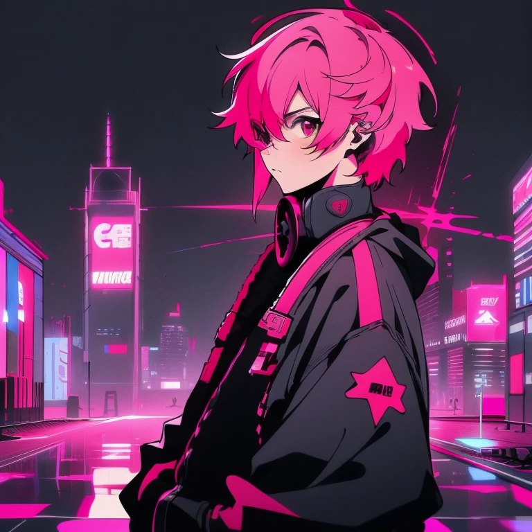 (shortcut), (two block hair), (bright pink hair), (male character), (red eyes), (cool pose), (top quality), (masterpiece), (Super detailed), (oversized hoodie), (Street style), (neon), (modern city), (neonデイライト), (cinematic), (stylish), (High resolution), (hyper-detailed), (Looking at the camera), (soft town), (Nightcore), (a handsome guy), (listening to music with headphones), (natural appearance of the building), (casual), (IG studio anime style), (standing pose), (camera from low angle), (Multifaceted camera angles),