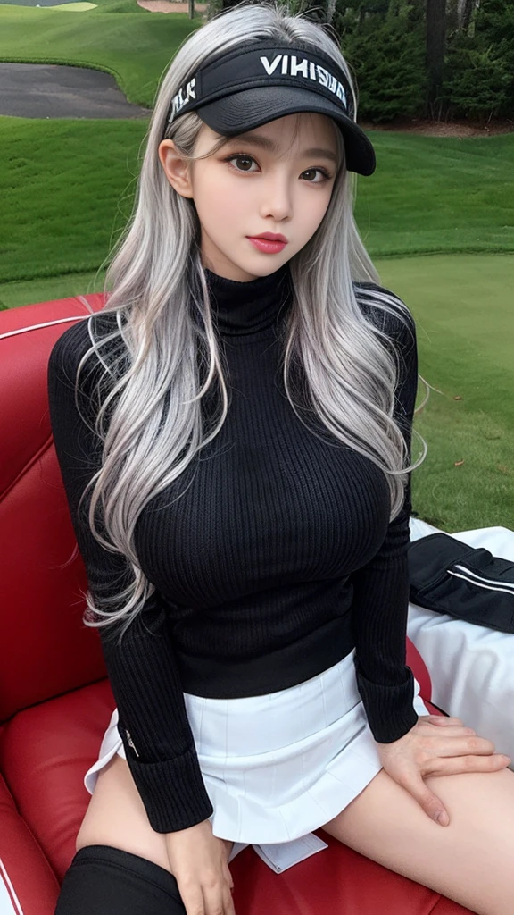 韓国のmature woman,sitting in a recliner on the golf course,(((T Masterpiece))), ((best quality)), ((intricate details)), ((ultra realistic realism)), stupid solution, mature woman, ripe woman, very detailed, An illustration,((large breasts)), perfect hands, detailed fingers, beautiful detailed eyes, (Very long wavy hair with silver and black two-tone hair color:1.6),((Korean style black virgin sweater:1.3, black mini tight skirt:1.9, thong, visor:1.5)), Detailed background, perfect enchanting eyes,mouth slightly open, cocked ass, (((spread your legs boldly:2.3, Muscular captive girl with big saggy tits:1.6)))