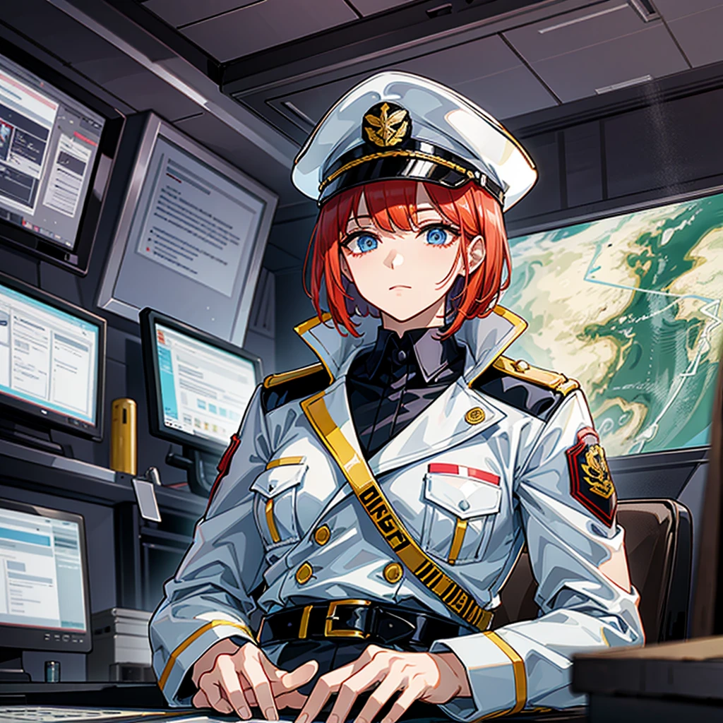 (((masterpiece、Highest image quality、highest quality、highly detailed unity 8kwallpaper)))、(Illustration of one woman、Beauty、30 years old)、(Viceroy)、((Red-haired shorthair、sidelocks、blue eyes))、((tall、stocky build, thickset physique, muscular legs, broad shoulders, solid chest))、((Military uniforms、Military Cap、Military coat))、(white clothes、White pants、white hat)、trench coat、(((manspreading、Sitting in the captain's seat)))、(((Inside a futuristic spaceship、Surrounded by instruments and monitors、The Universe on the Monitor、Earth seen from space)))