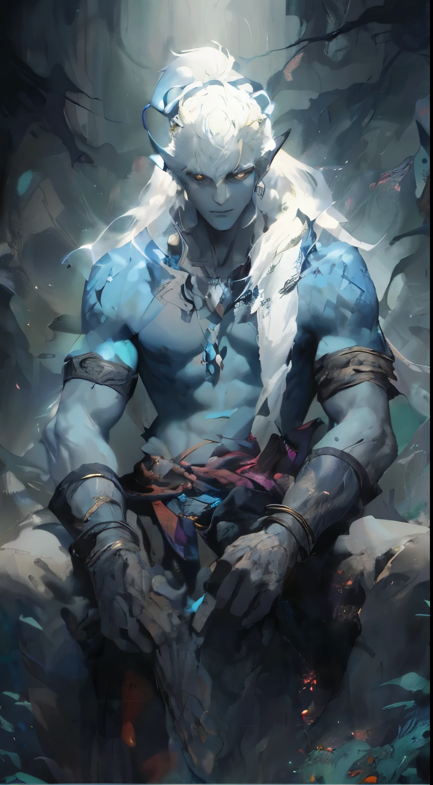 um close de um homem com rosto branco e barba branca sentado em uma pedra, djinn male man demon, male djinn man demon hybrid, blue genius, Djinn Human Hybrid, Mohrbacher, lindo deus masculino da morte, peter Mohrbacher. Motor irreal, Arte de Wlop e Greg Rutkowski, style of peter Mohrbacher