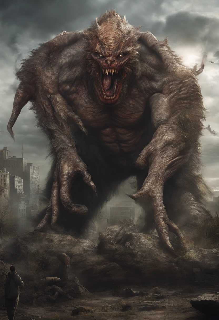 A big mysterious monster like a demon A devastated world