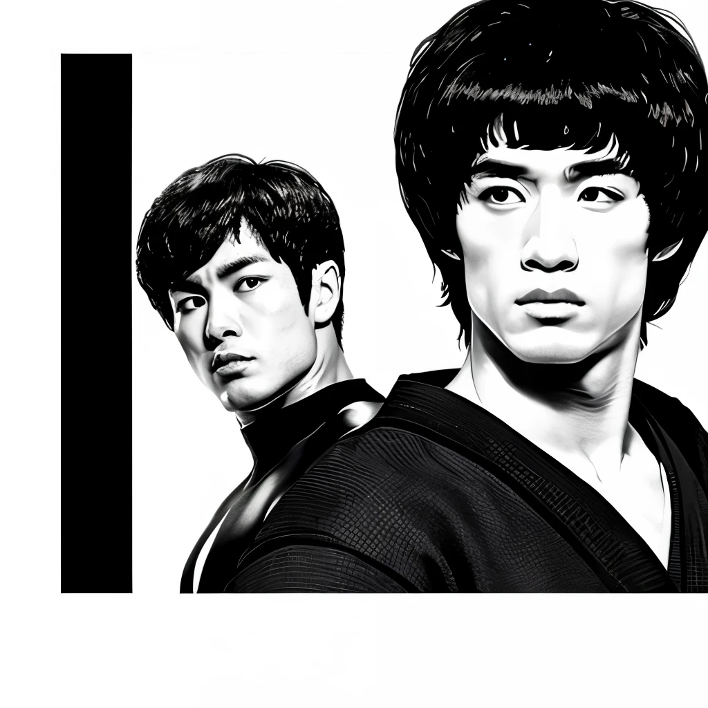 Monochrome illustration、two asian men、Bruce Lee facing Jackie Chan