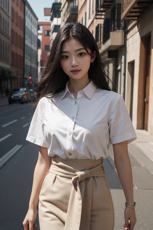 highest quality, masterpiece, (realistic:1.4), 1 girl, light smile, collared shirt, waist up, dramatic lighting, from the front、Walk while talking