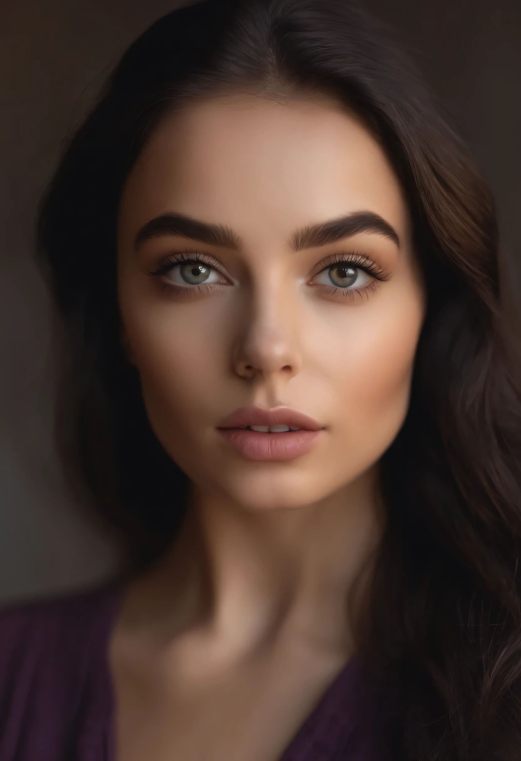 woman modeling photograph, neutral-colored background, hyper realistic, ultra realistic, meticulously detailed, portrait sophie mudd, black hair and large eyes, selfie of a young woman, violet myers, without makeup, natural makeup, looking directly at the camera, face with artgram, subtle makeup, medium to large size bust