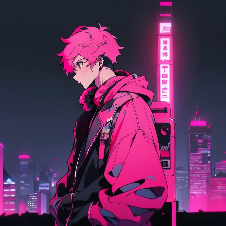 (shortcut), (two block hair), (bright pink hair), (male character), (red eyes), (cool pose), (top quality), (masterpiece), (Super detailed), (oversized hoodie), (Street style), (neon), (modern city), (neonデイライト), (cinematic), (stylish), (High resolution), (hyper-detailed), (Looking at the camera), (soft town), (Nightcore), (a handsome guy), (listening to music with headphones), (natural appearance of the building), (casual), (IG studio anime style), (standing pose), (camera from low angle),