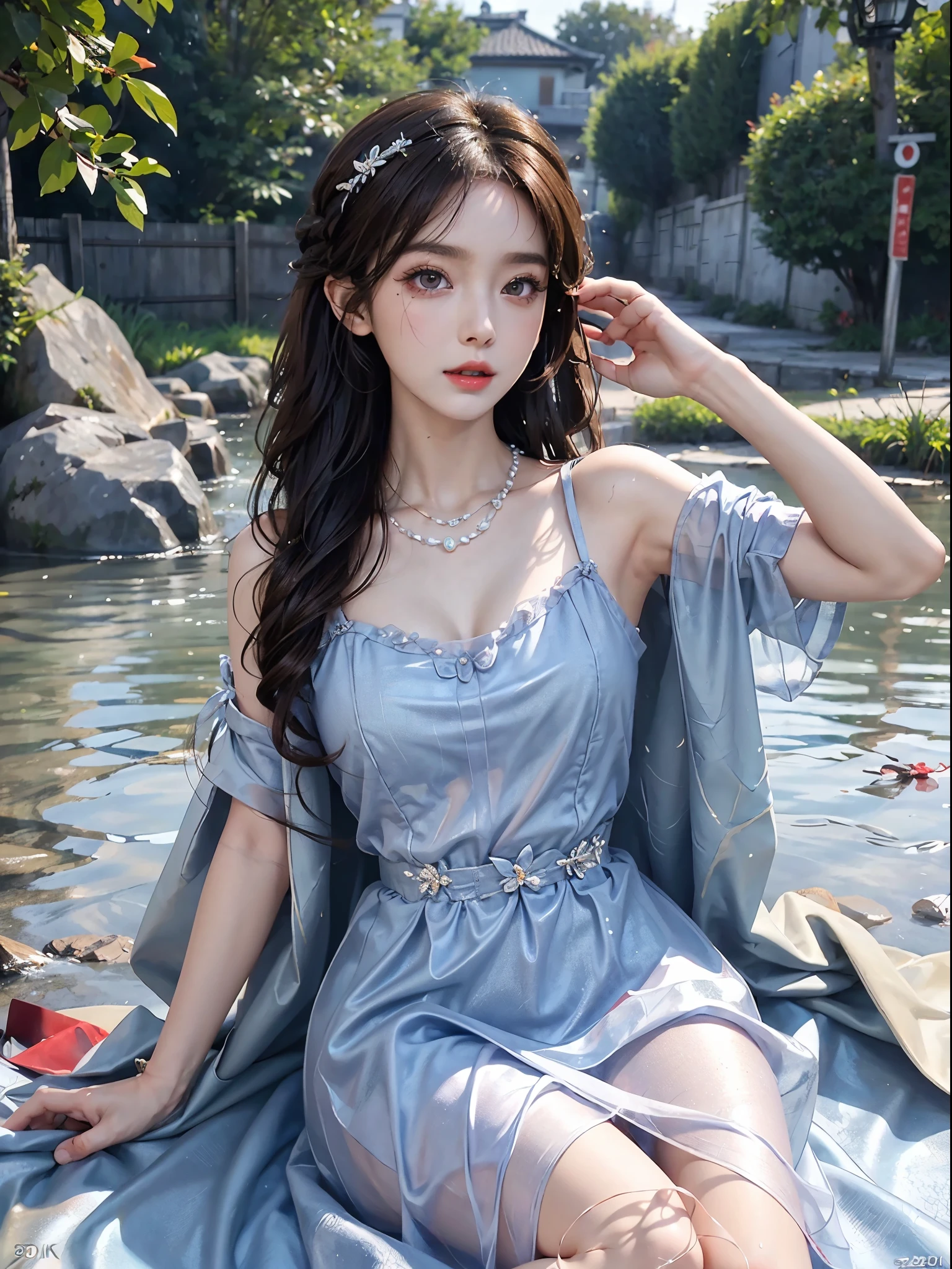 lace dress1, (knee shot) best quality，masterpiece，ultra high resolution，Clear face,（Realism：1.4），RAW photos，cold light，woman wearing transparent dress underwater，wallpaper anime blue water，Gurwitz-style artwork，Close-up fantasy of water magic，author：Yang Jie，Gurwitz，A beautiful artistic illustration，Water Nymphs，Beautiful digital artwork，Beautiful digital illustration，Li Song，A beautiful anime portrait，Bovo&#39;s art style