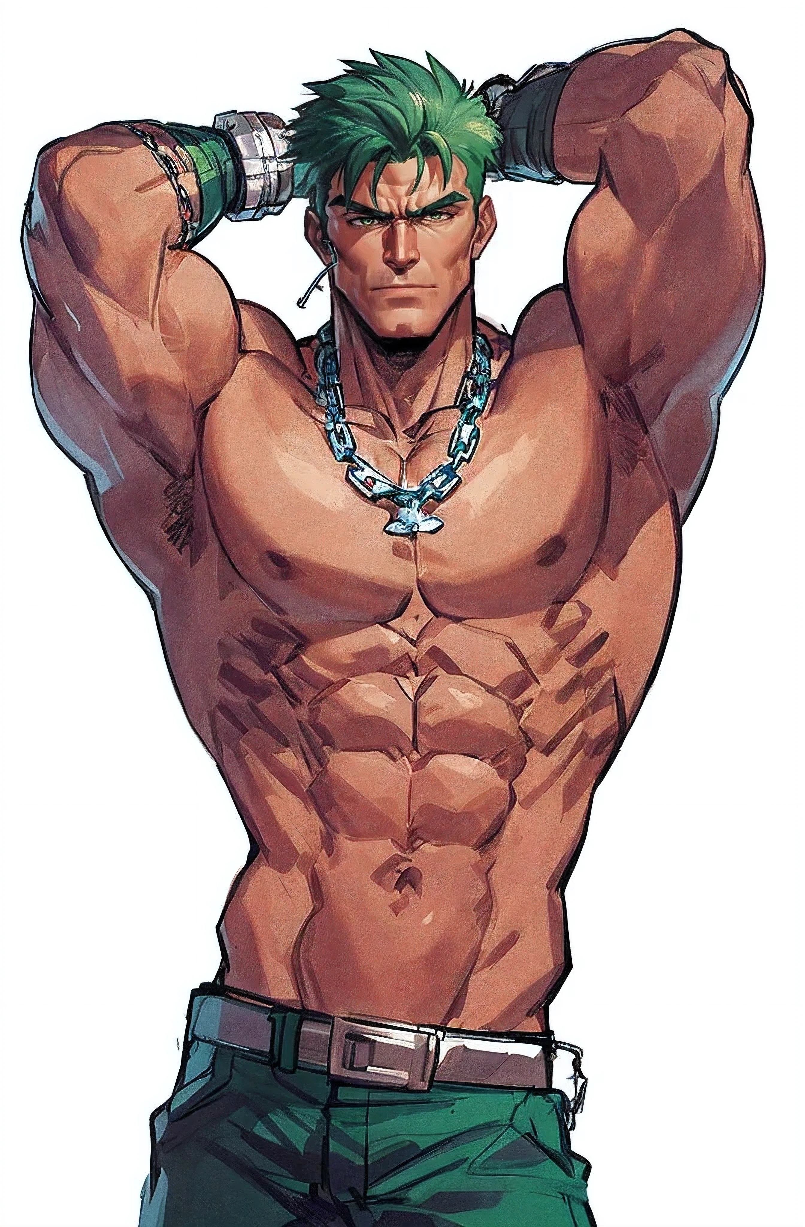 Close-up of a man wearing a shirt and a chain around his neck.., muscular! green, steak pose, muscular character, Techno-Viking men&#39;shirtless, super class and cool, muscular! Cyberpunk, muscular!!, character from king of fighters, gigachad muscular, Joe Biden as the character JoJo, courageous monster, cool guy, big muscles