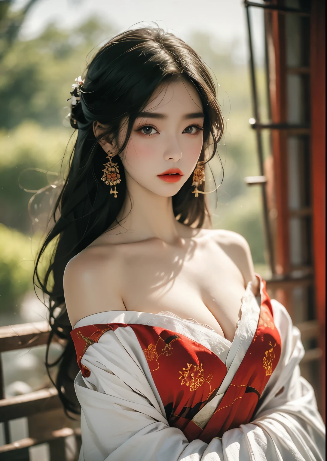 (masterpiece), (best quality), guofeng, RAW photo, 1girl, sexy, cleavage, Hanfu, ruqun, Chinese clothes, bare shoulder